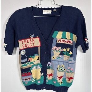 VTG Cape Isle Knitters Navy Short Sleeve Spring Cardigan Sweater Size XL Grandma